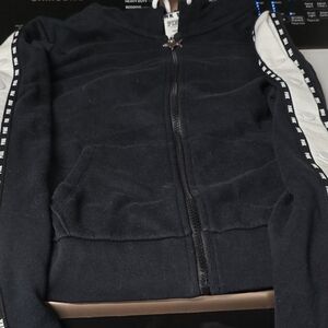 PINK Victoria's Secret Black Hoodie with White Sleeve Accents and Snap Buttons